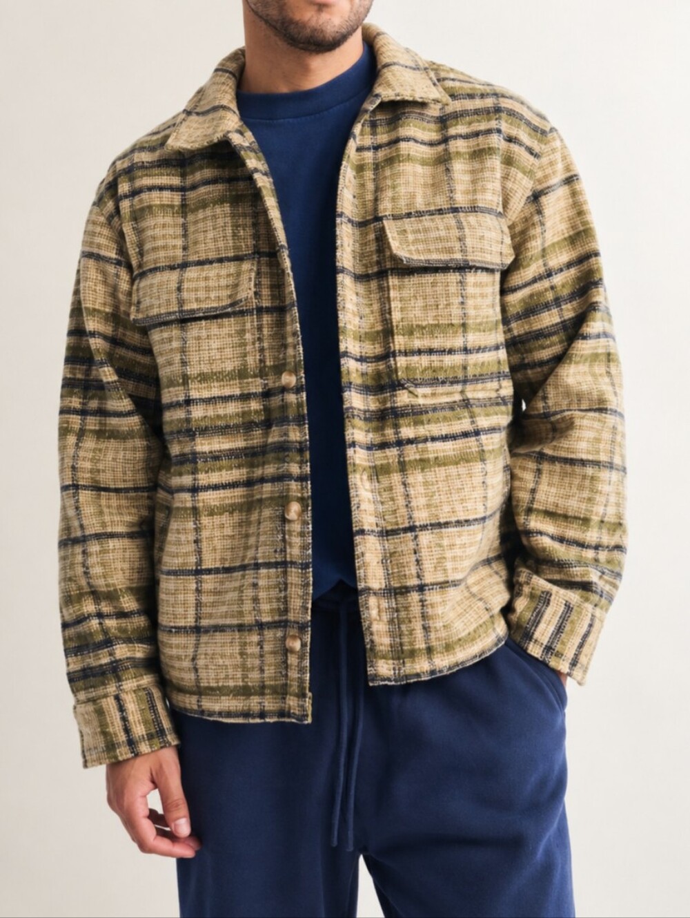 Abercrombie & Fitch Boucle Cream Plaid Shirt Jacket Shacket Men Size Large